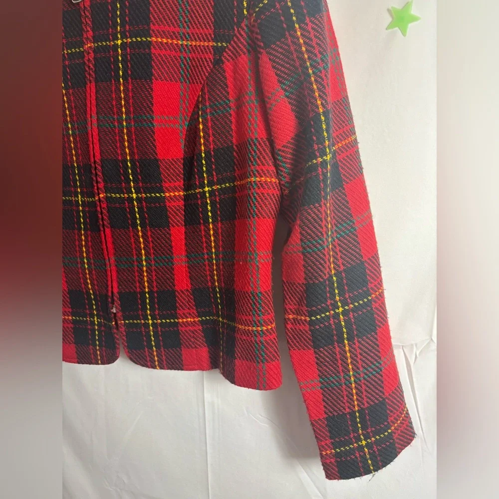 VTG Red+Black Plaid Bomber Jacket Faux‎ Suede Collar Gold+Black Epaulet Size S/M